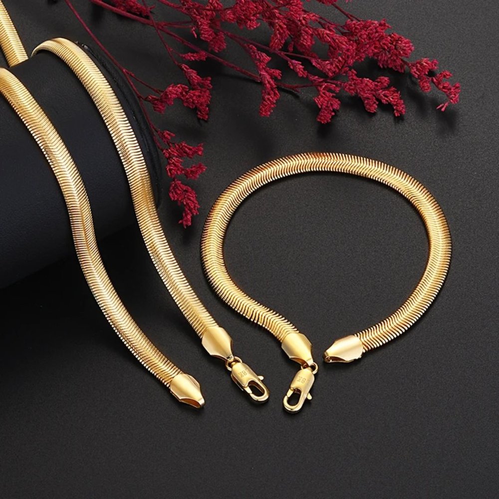 22 Inch Herringbone Necklace and 8 inch Bracelet Combo 6mm Wide 18K Yellow Gold